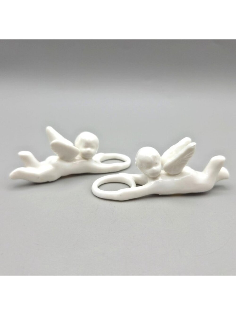 Vintage White Porcelain Angel Candle Huggers Taper Ring Figurines Set of 2